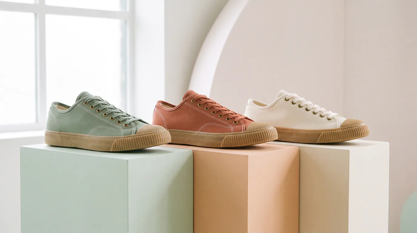 Canvas sneakers in sage, terracotta, and cream on pastel plinths